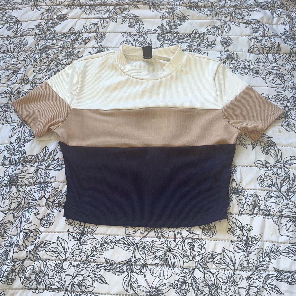 SHEIN Colorblock Short Sleeve Top - White, Tan, Black